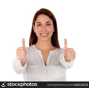 Cool girl looking at camera saying Ok isolated on a white background