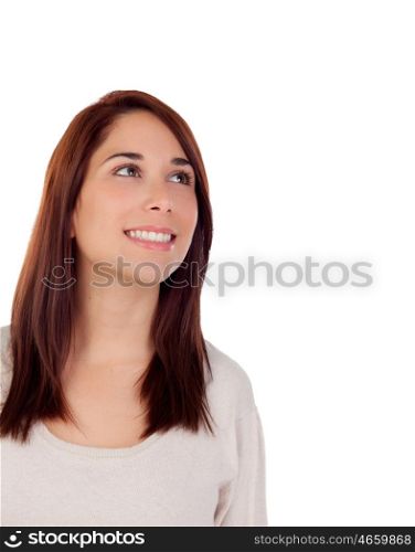 Cool girl looking up isolated on a white background