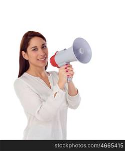Cool girl speaking through a megaphone isolated on a white background