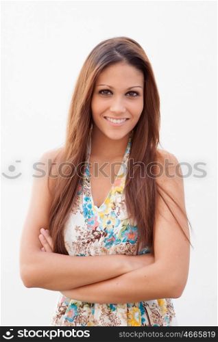 Cool girl with flowered dress outdoors looking at camera