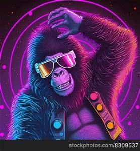Cool gorilla in cool sunglasses dancing. Pop art style in neon colors. Generative AI. Not based on any actual scene. Cool neon party dancing gorilla in sunglasses. Generative AI Not based on any actual scene