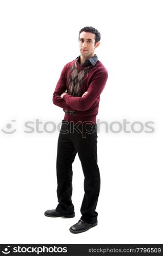 Cool handsome male wearing casual business attire standing with arms crossed, isolated