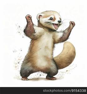 Cool happy ferret dancing isolated on white background. Generative AI