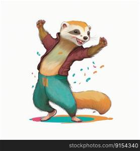 Cool happy ferret dancing isolated on white background. Generative AI