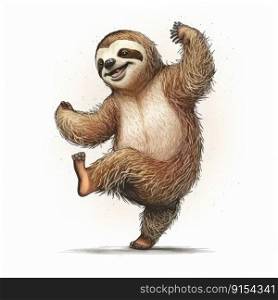 Cool happy sloth dancing isolated on white background. Generative AI