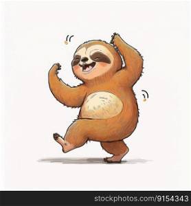 Cool happy sloth dancing isolated on white background. Generative AI