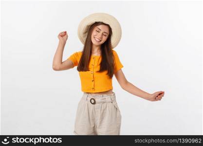 Cool hipster portrait of young stylish teen girl showing her hands up, positive mood and emotions,travel alone. Isolated over grey background.. Cool hipster portrait of young stylish teen girl showing her hands up, positive mood and emotions,travel alone. Isolated over grey background