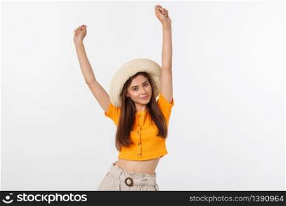 Cool hipster portrait of young stylish teen girl showing her hands up, positive mood and emotions,travel alone. Isolated over grey background.. Cool hipster portrait of young stylish teen girl showing her hands up, positive mood and emotions,travel alone. Isolated over grey background