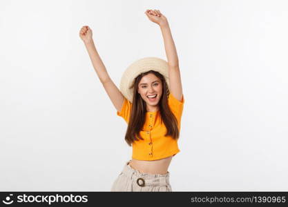 Cool hipster portrait of young stylish teen girl showing her hands up, positive mood and emotions,travel alone. Isolated over grey background.. Cool hipster portrait of young stylish teen girl showing her hands up, positive mood and emotions,travel alone. Isolated over grey background