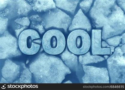 Cool ice symbol as text in frosty glacial frozen water as a refrigeration and air conditioning comfort symbol with 3D illustration elements.