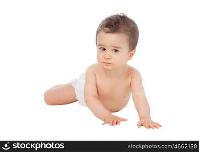 Cool little baby lying on the floor with a diaper isolated on a white background