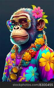Cool monkey dressed in Hawaiian clothes and sunglasses, nft style, Created with generative AI