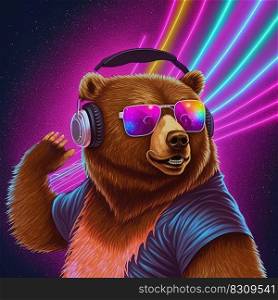 Cool party grizzly bear in pink sunglasses and headphones dancing. Pop art style in neon colors. Generative AI. Not based on any actual scene. Cool neon party bear in sunglasses. Generative AI. Not based on any actual scene