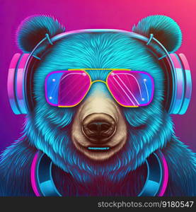 Cool party grizzly bear in pink sunglasses and headphones dancing. Pop art style in neon colors. Generative AI. Not based on any actual scene. Cool neon party bear in sunglasses. Generative AI. Not based on any actual scene