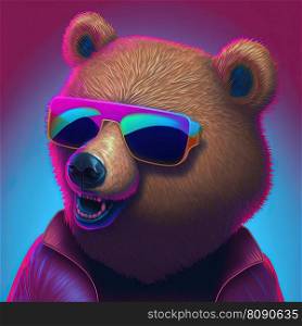 Cool party grizzly bear in sunglassesd. Pop art style in neon colors. Generative AI. Cool neon party bear in sunglasses. Generative AI