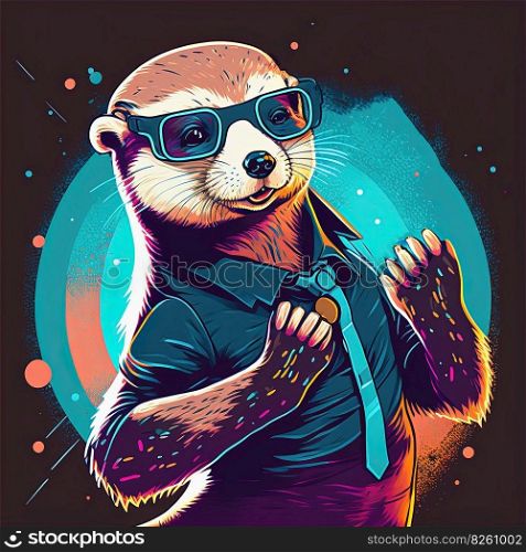 Cool party otter dancing. Pop art style in neon colors. Generative AI. Party otter in dancing. Pop art style. Generative AI