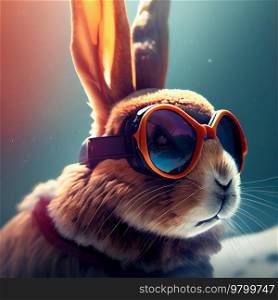 Cool Rabbit in ski goggles rides a snowboard. Illustration Generative AI