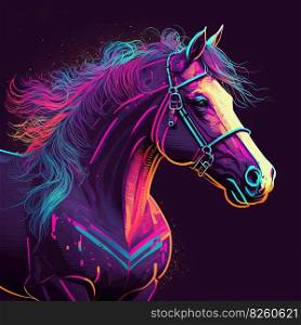 Cool race horse in pop art futuristic style in neon colors, lifestyle concept. Generative AI. Neon race horse in neon colors. Generative AI