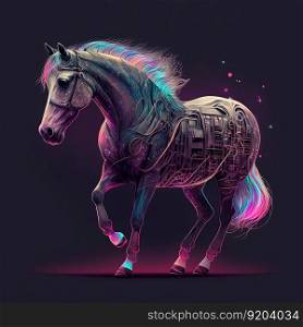 Cool race horse in stylish jacket. Pop art futuristic style in neon colors, lifestyle concept. Generative AI. Neon race horse in jacket. Generative AI
