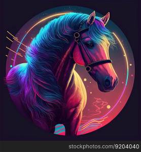 Cool race horse in stylish jacket. Pop art futuristic style in neon colors, lifestyle concept. Generative AI. Neon race horse in jacket. Generative AI