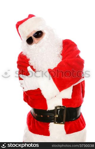 Cool Santa Claus in hip-hop pose with dark sunglasses on. Isolated on white.