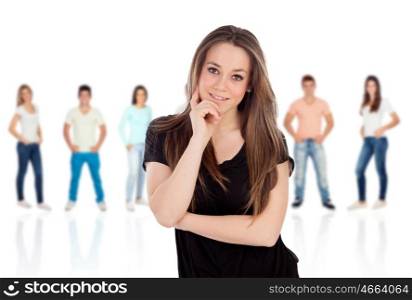 Cool teenager girl thinking with unfocused people of background