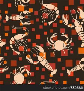 Cool vector sea creatures crayfish, shrimp, crab seamless pattern on the orange square chocolate background