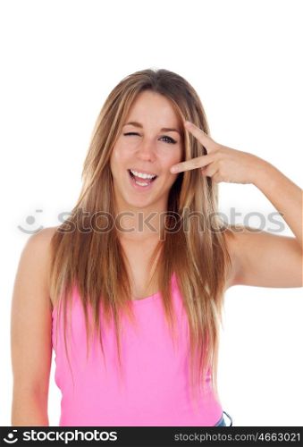 Cool woman dressed in pink isolated on white background