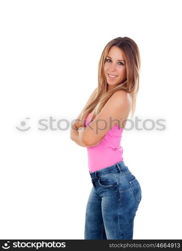 Cool woman dressed in pink isolated on white background