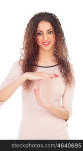 Cool woman with big eyes making the gesture of downtime isolated on a white background