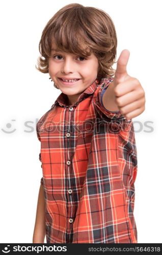 Cool young boy doing thumbs up over white
