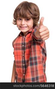 Cool young boy doing thumbs up over white