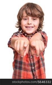 Cool young boy pointing front over white