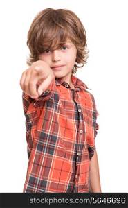 Cool young boy pointing front over white