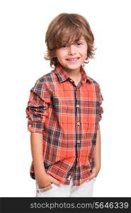 Cool young boy posing over white background