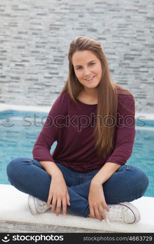 Cool young girl relaxed with the pool of background