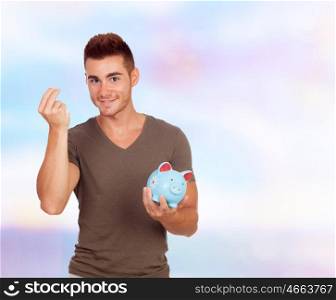 Cool young men with a money box on a blue background