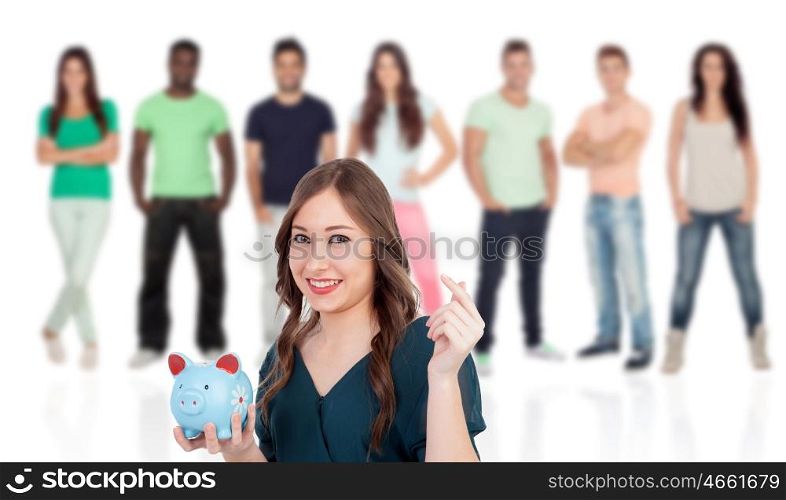 Cool young woman with a money box witn young people of backgrond unfocused