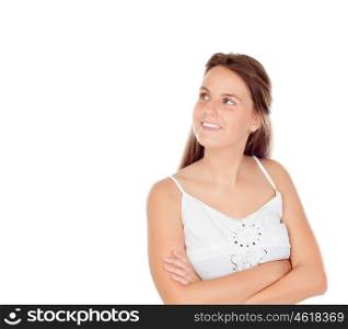 Cool young woman with a piercing thinking isolated on a white background
