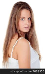 Cool young woman with long hair isolated on a white background