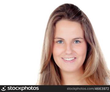 Cool young woman with long hair isolated on a white background