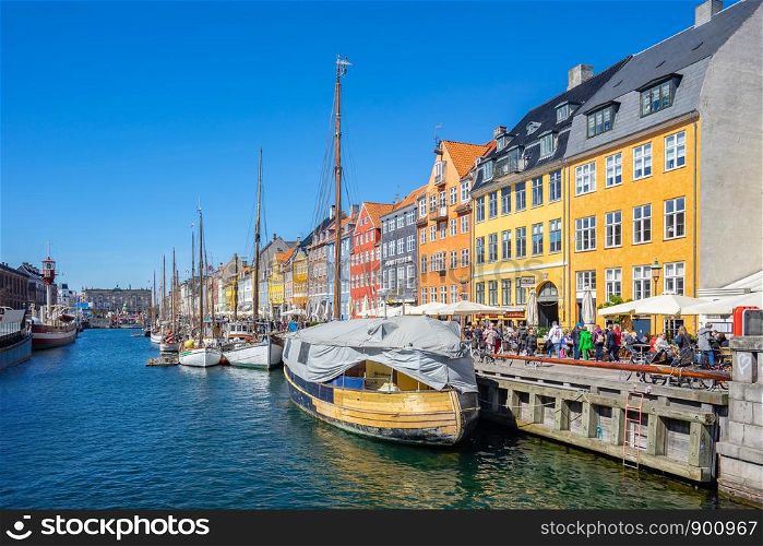 Copenhagen, Denmark - May 2, 2017: Colorful buildings of Nyhavn in Copenhagen city, Denmark.