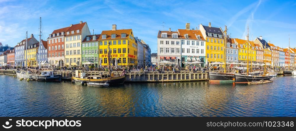 Copenhagen, Denmark - May 2, 2017: Panorama view of Nyhavn in Copenhagen city, Denmark.