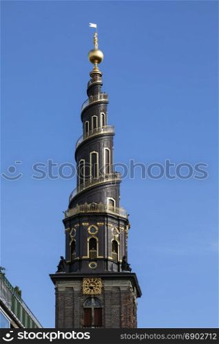 Copenhagen - Denmark. The Church of Our Saviour is a baroque church most famous for its helix spire with an external winding staircase that can be climbed to the top, giving extensive views over Copenhagen.
