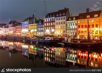 Copenhagen Nyhavn, New port of Copenhagen, at night in Denmark