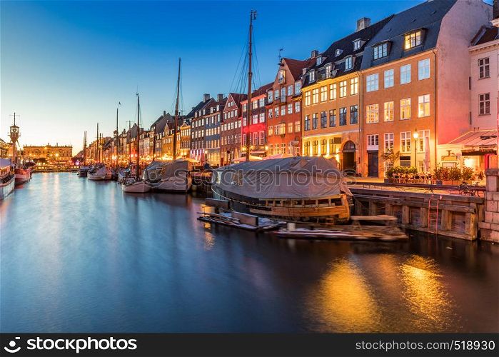 Copenhagen Nyhavn, New port of Copenhagen, at night in Denmark