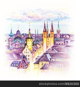 Coplored pencils sketch of Alte Mainbrucke, Old Town of Wurzburg, Franconia, Northern Bavaria, Germany. Watercolor sketch of Wurzburg