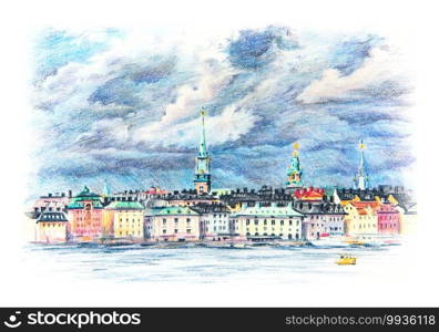 Coplored pencils sketch of Riddarholmen, Gamla Stan, Old Town of Stockholm, Sweden. Gamla Stan in Stockholm, Sweden