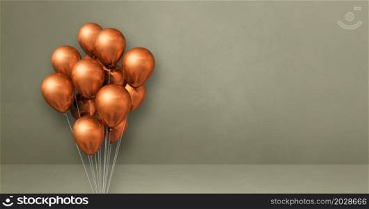 Copper balloons bunch on a grey wall background. Horizontal banner. 3D illustration render. Copper balloons bunch on a grey wall background. Horizontal banner.