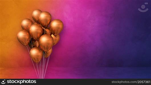Copper balloons bunch on a rainbow wall background. Horizontal banner. 3D illustration render. Copper balloons bunch on a rainbow wall background. Horizontal banner.